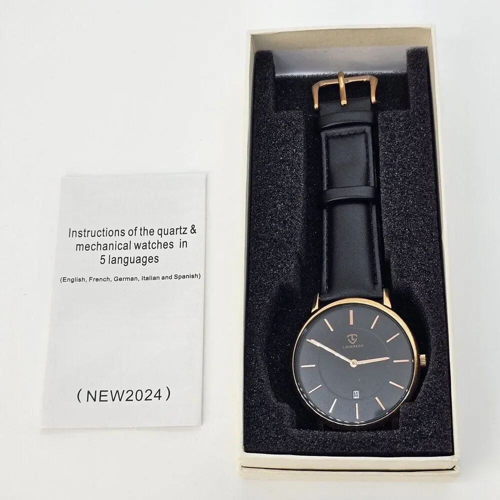 Men's Watch 40MM Black‎ Dial Gold Case Black Leather Band Straps Date Indicator
